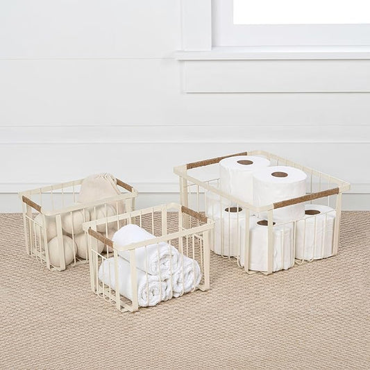 happimess BSK3003C-3SET Henley Vintage Farmhouse Wire Metal Nesting Storage Baskets with Jute Wrapped Handles for Shelves, Cabinets, Pantry, Countertop, Mesh Open Bin Basket, Almond (Set of 3)