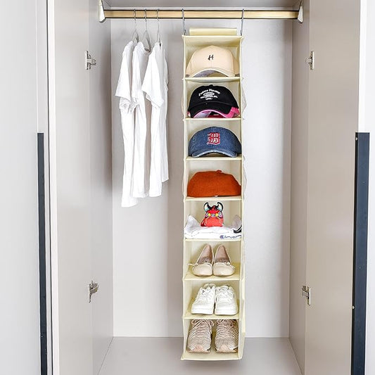 Hanging Shoe Organizer for Closet with Side Mesh Pockets,Hat Racks for Baseball Caps,Shoe and Hat Holder & Storage,8-Shelf,Beige,1 Pack