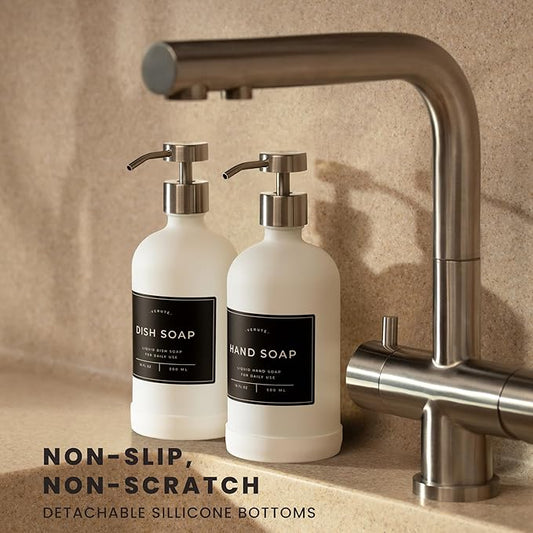 Hand and Dish Soap Dispenser for Kitchen and Bathroom, Set of 2 16 Oz Glass Bottles, Stainless Steel Pumps, Non-Slip Silicone Base, 27 Waterproof Labels (Matte White Bottle/Brushed Silver Pump)