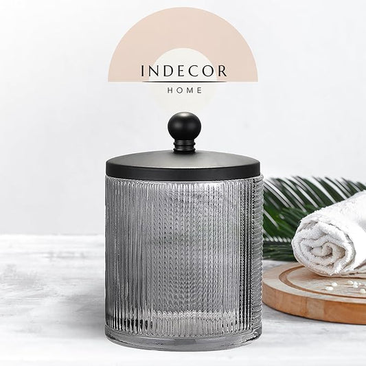 Indecor Home Gray Colored Tranlucent Apothecary Ribbed Geo Etched Glass Jar W/Matte Black Metal Lid Cover for Bathroom Organization, Cotton Balls, Q Tips, and Small Accessories, Bathroom Storage
