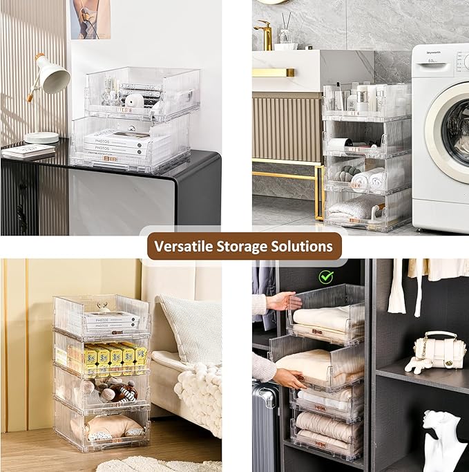AOTENG STAR Stackable Closet Organizers and Storage Box, Clear Plastic Drawer Shelf Storage Basket for Bathroom Kitchen Laundry Room Wardrobe Storage (4 pack)