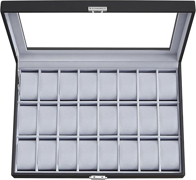 SONGMICS 24-Slot Watch Box, Lockable Watch Storage Case with Glass Lid, Gift Idea, Ink Black Synthetic Leather, Dove Gray Lining UJWB024