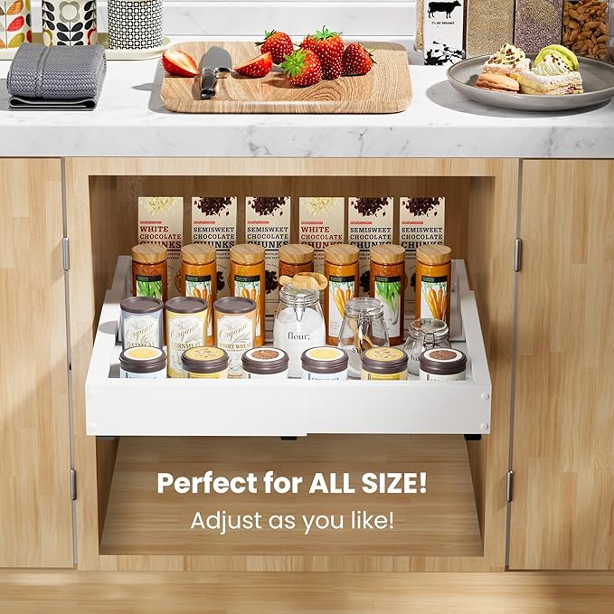 BUFOR 1 Pack Pull out Cabinet Organizer, Width (10"-16") Depth (17"-25"), with 3 Rails Adjustable Slide, Expandable Pullout Drawers for Cabinets, No Drill Adhesive Kitchen Drawers for Pantry Shelves