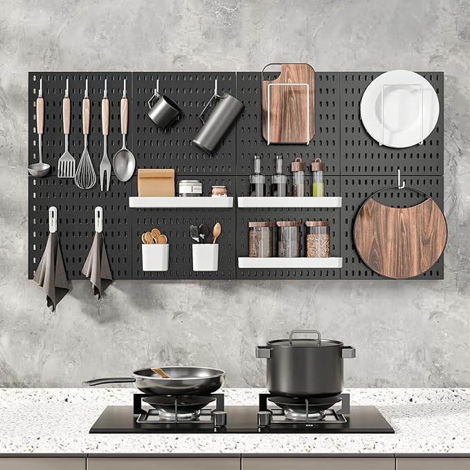 Pegboard Combination Kit, Wall Mounted Storage Set with 4 Pegboards & 14 Accessories Hanging, Black Peg Boards Organizer for Walls Display, Crafts Organization, Kitchen Organizer, 22" x 22"