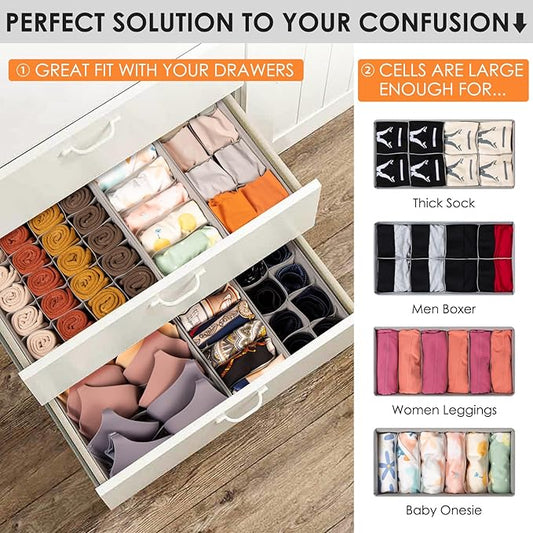 Criusia 16 Pack Sock Underwear Drawer Organizer, 96 Cells Dresser Organizer for Baby Clothes, Foldable Fabric Closet Organization and Storage Dividers Bins for Nursery, Bedroom