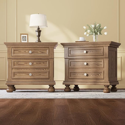 AMERLIFE Fully Assembled Nightstand Set of 2, Solid Wood End Table with 2 Storage Drawers, 26" Extra Large Traditional Bedside Cabinet for Bedroom, Light Brown