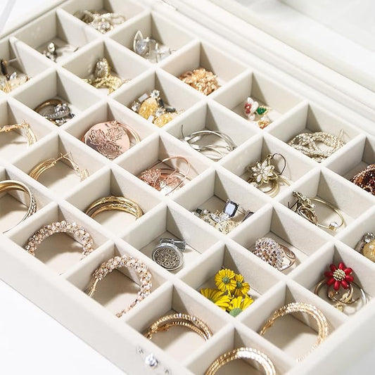 Coward Ring Earring Jewelry Organizer Box, 35 Grids Dustproof Display Holder Case, Beige Velvet Jewelry Bead Display Tray Case with Transparent Glass Lid for Momen Girls