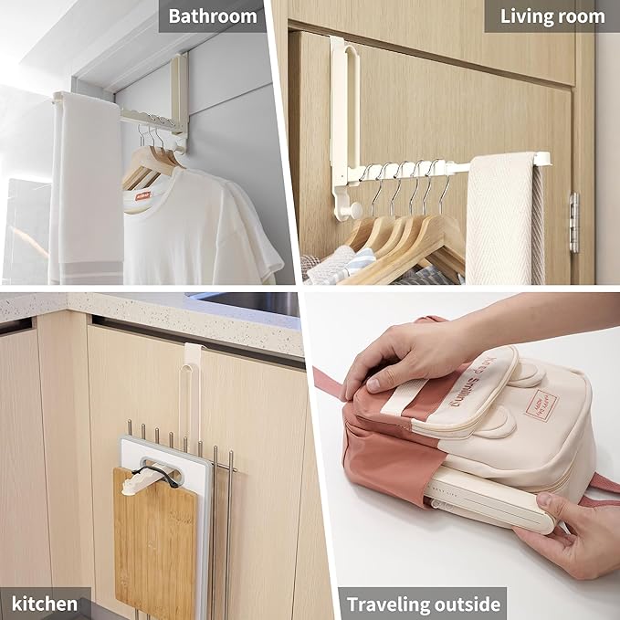 RFOUO Over The Door Hooks Hanger Fit Door up to 1 3/4" Optimal 1pc,Over The Door Hanger with Retractable Rod,Foldable Over The Door Drying Rack for Laundry Bathroom Bedroom (Milky White, 1 Pack)