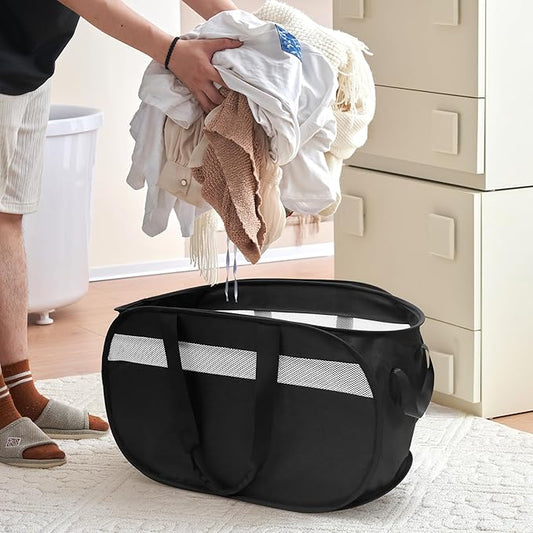 Collapsible Laundry Baskets, Foldable Tear Proof Pop Up Hamper with Reinforced Carry Handles, Durable Laundry Hamper for Home, Laundry, Bathroom, Dorm or Travel (Black)