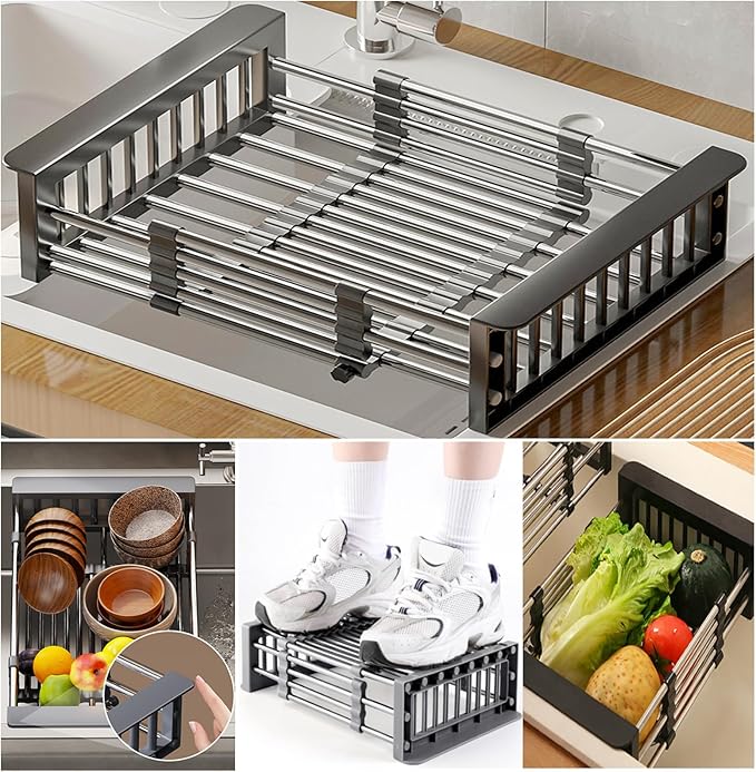 Large Dish Drying Rack for Kitchen Counter/Sink, Expandable Stainless Steel Sink Organization and Storage Essentials, Home and Appartment Decor, 8.86" W x 11.22"-18.5" L,Black