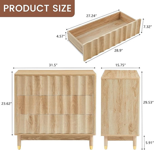Bifins Fluted 3 Drawer Dresser, 31.5" Wide Modern Storage Chest of Drawers, Wood Drawer Organizer for Bedroom, Living Room, Hallway