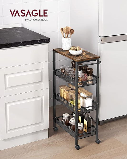 VASAGLE Slim Rolling Cart, 4-Tier Storage Cart, Narrow Cart with Handle, 8.7 Inches Deep, Metal Frame, for Kitchen, Dining Room, Living Room, Home Office, Rustic Brown and Classic Black ULRC033B01