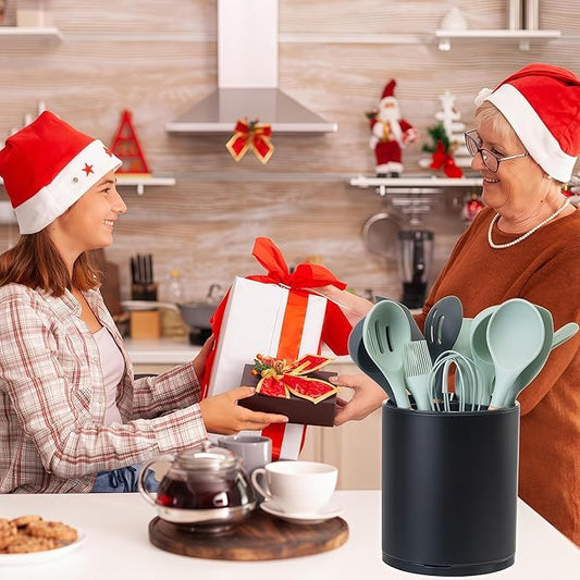 Kitchen Utensil Holder Extra Large 360°Rotating For Counter Organizer Stainless Steel Storage Cooking Silverware Caddy 3 Compartment Flatware Spoon Spatula Tool Cutlery Container(Black)