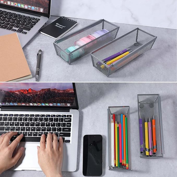 6 Pcs Mesh Silverware Drawer Organizer, Metal Drawer Organizer for Kitchen, Small Utensil Drawers Organizers with Interlocking Arm for Flatware, Knives, Spoons,Cosmetic (Silver 9 * 3 * 2 inch)