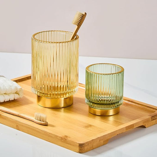 LEICURACE Makeup Brush Holder Organizer,Toothbrush Holders,Desk Pen Pencil Holder,Multifunctional Vintage Glass Brush Cup(L/Gold/A3-7-US)