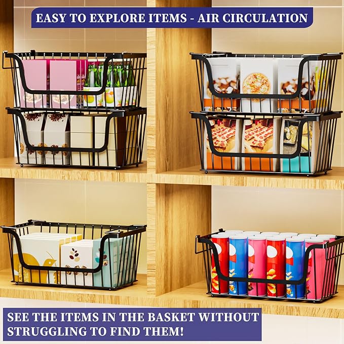 4 Pack Enhanced Leak-Proof Bottom Stackable Wire Baskets, Pantry Organizers and Storage, pantry storage,Shelf Baskets, Fruit Basket, Potato and Onion Storage Bins,(Black)