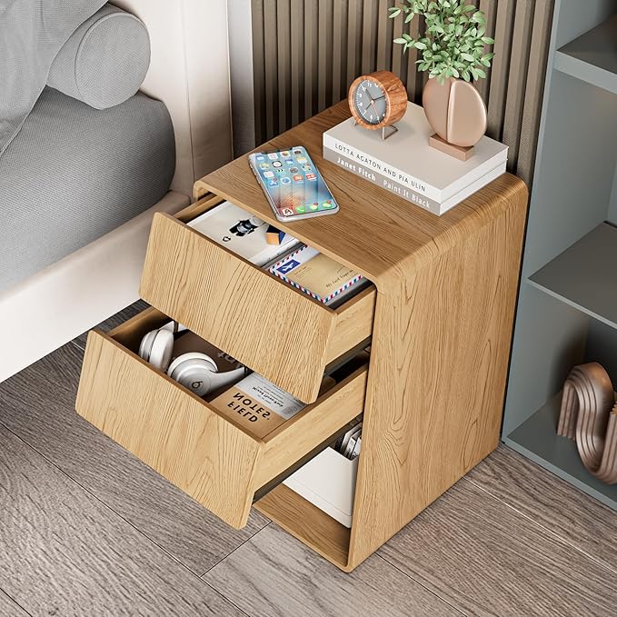 Small Nightstand Set of 2, Boho Bedside Table, Wooden Night Stand with Storage, Mid Century Modern Bed Side Table, Wood End Table with Slanted 2 Drawers, Bedroom, Natural, Oak
