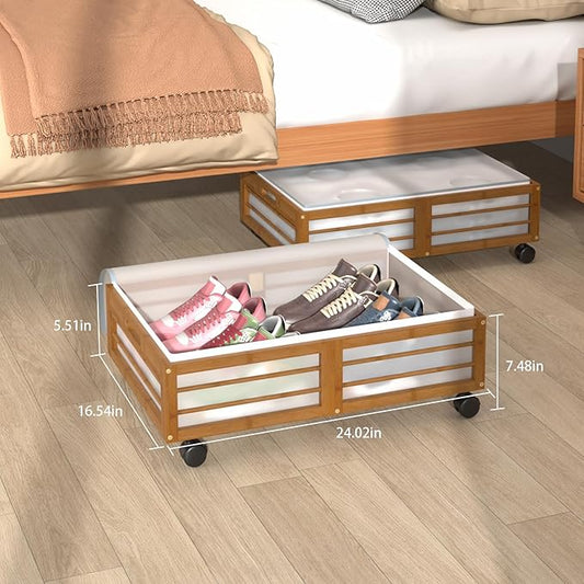 Under Bed Storage Containers with Wheels, Larger Bamboo Wood Under Furniture Storage Containers with Dust Bags,Rolling for Shoes Clothes