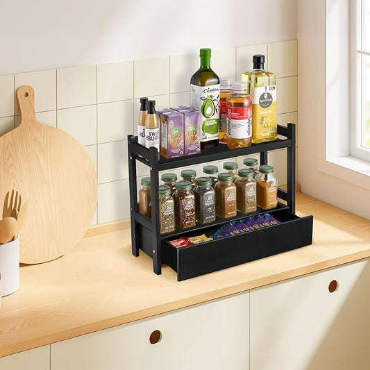 Sorbus Bamboo Bathroom Counter Organizer – 2-Tier Shelf with Hidden Drawer for Vanity, Matcha Station, Bathroom Sink Organizer Countertop, Kitchen & Office Storage (17″ L x 6.5″ W x 12.6″ H) (Black)