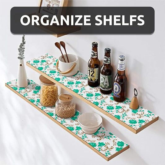 12X120 Inch Shelf Liner for Kitchen Cabinets, PVC Drawer Liner for Dresser Non-Slip Bathroom, Non-Adhesive Cabinet Liner Washable (Green Floral)(5 Roll)