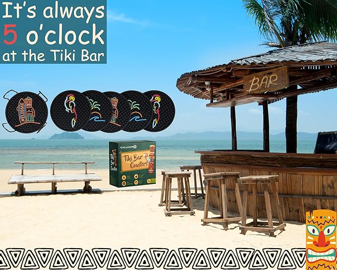 Tiki Bar Coasters Set of 6 with Holder, Tiki Bar Decor Silicone Coasters with Surfboard Warrior, Wave & Palm Tree and Parrot Designs, Hawaiian Decor Black Coasters, Outdoor Tiki Bar Rubber Decorations