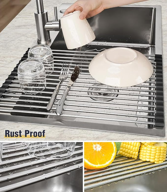 Tomorotec 17.7" x 12.5" Roll Up Dish Drying Rack Over Sink Drying Rack Sink Cover Kitchen Sink Accessories Gadget Multipurpose Organizer Foldable Stainless Steel Drainer
