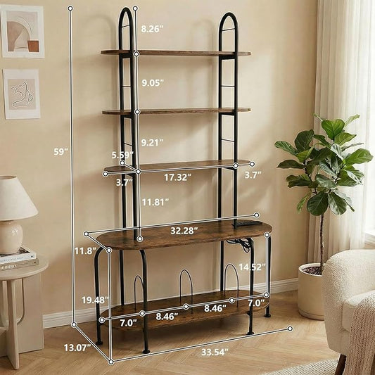 5-Tier CD Storage Rack, Record Player Stand with Storage, DVD Organizer Shelf with Adjustable Book Stoppers, Media Storage Rack for CD/DVD, Books, Games, for Living Room, Bedroom, Home Office, Rustic