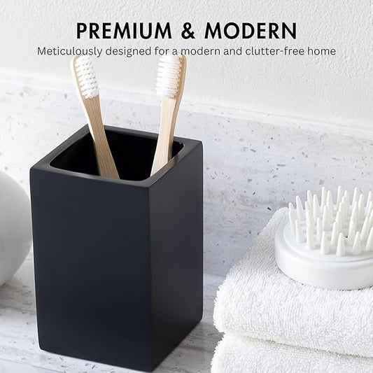Yew Design Matte Black Toothbrush and Toothpaste Holder for Bathroom Vanity and Countertop, Square Organizer for Electric Toothbrushes, Floss, Razors, Cotton, and Mouthwash