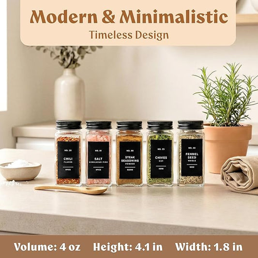 Glass Spice Jars with Label and Black Aluminum Lids (24 x 4oz) Spice Containers with 240 Labels, Shaker Inserts, Steel Funnel, Empty Square Seasoning Organizer (Black Aluminum Lid)