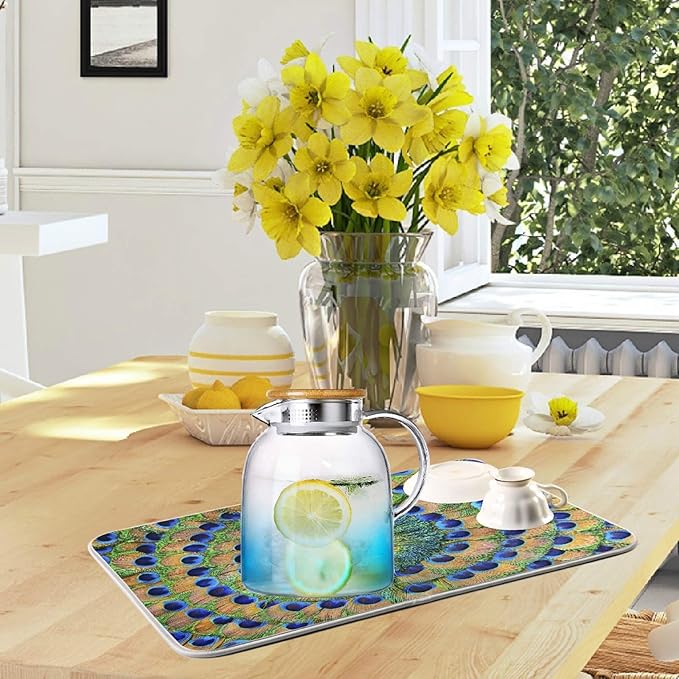 ZzWwR Beautiful Peacock Feathers Absorbent Dish Drying Mat Microfiber Kitchen Countertop Table Protector Multi-Purpose Counter Rack Sink Drainer Pad (16" x 18")