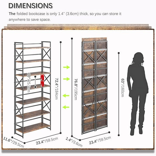 4NM 7 Tiers No Assembly Book Shelves, 72.4" H Folding Bookshelf Bookcase Open Industrial Foldable Shelves for Bedroom, Living Room, Home Office - Rustic Brown Black