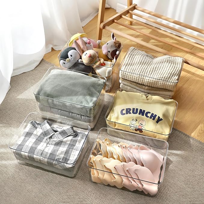4Extra Storage Bins with Lids,storage boxes for Shelves Office Bathroom,Stackable Lidded Storage Boxes for Cabinets, Clothes, Hats(4Extra Large)