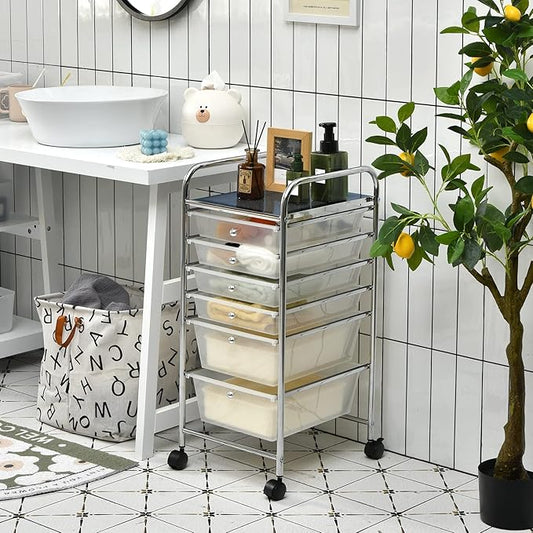 Happygrill 6-Drawer Organizer Cart Tools, Mobile Utility Storage Cart with Removable Drawers & Lockable Wheels, Rolling Storage Cart with Wheels for Home Office,Clear