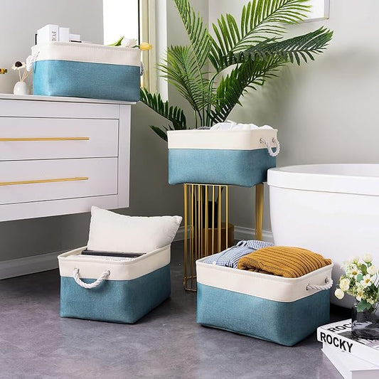 TheWarmHome Fabric Storage Bin with Handles,Storage Basket for Home Storage and Organization, Shelf Basket with Cover for Living Room Bedroom Closet(White & Green Large,15.7L*11.8W*8.3H