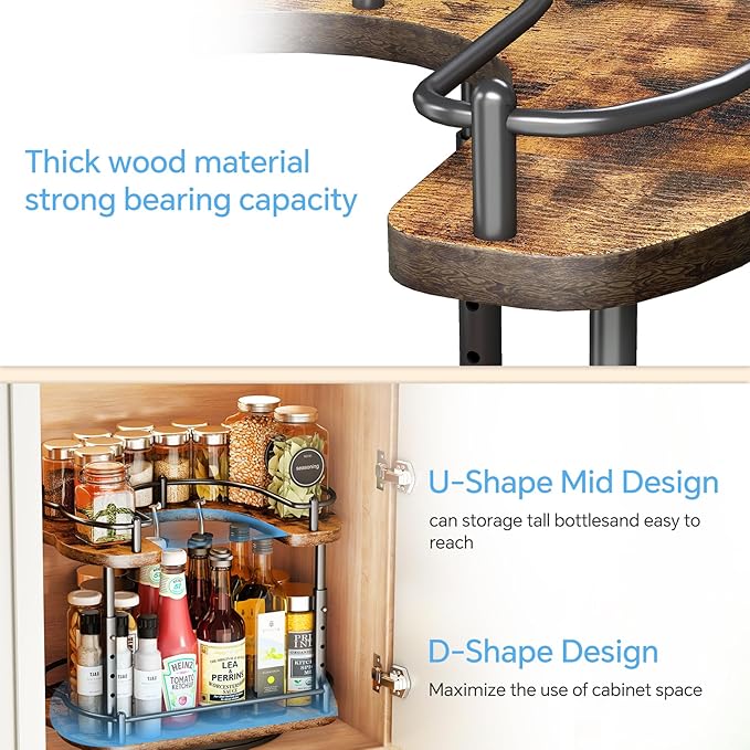 Lazy Susan Organizer Spice Rack - Spice Organization for Cabinet Height Adjustable Rotating Lazy Turntable, Pantry Kitchen Wood Revolving Seasoning Organizer (12 Inch)