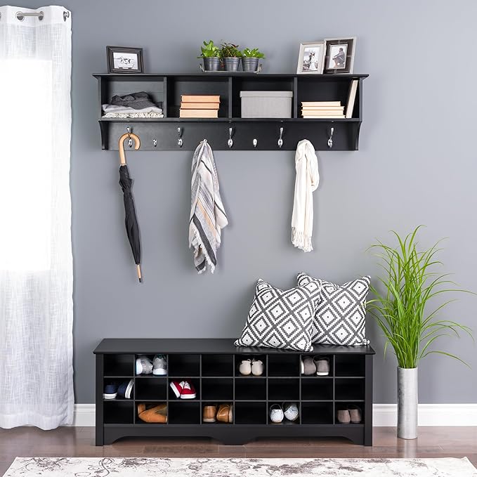Prepac 60" Contemporary Wall Mounted Coat Rack, Coat Hooks Wall Mount with 4 Shelves, Ideal for Hallway or Entryway Storage Solution, 11.5"D x 60"W x 16.5"H, Black