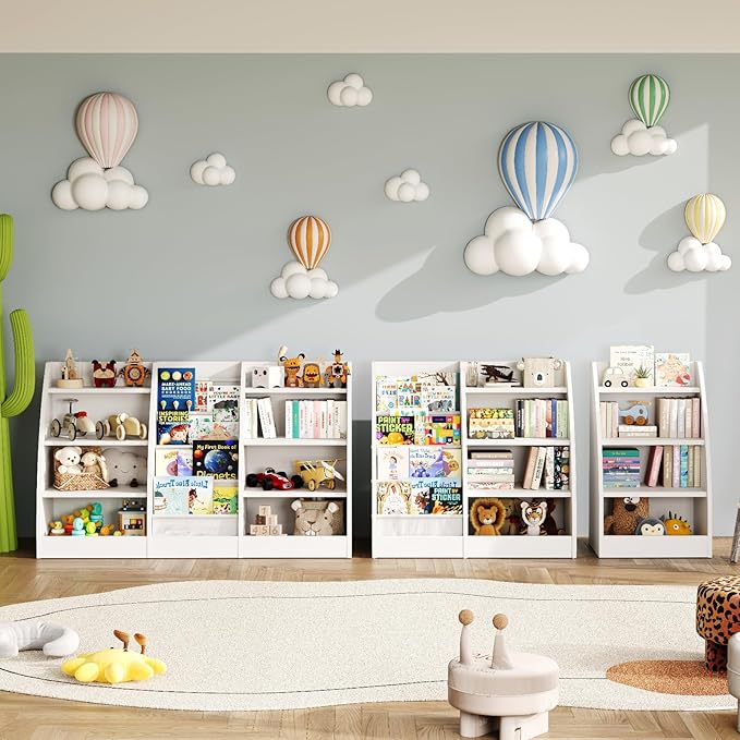 4 Tier Kids Bookshelf, 4 Layer Sling Kid Book Shelf for Kids Rooms, XXL Wood Children Bookcase,Baby Storage Book Rack,Toddler Bookshelfs, Book and Toy Organizer,Books Display Shelf Burlywood