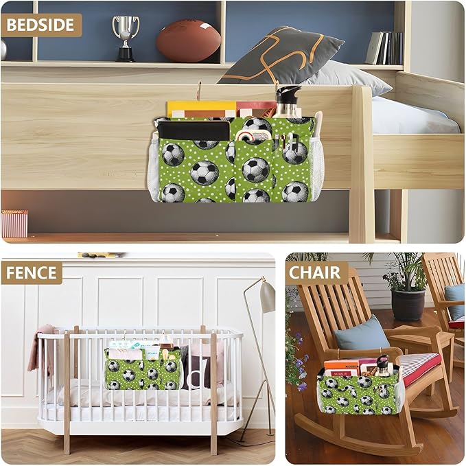 CuwrYet Bedside Caddy Hanging Bunk Bed Caddy Bed Organizer Hanging Pocket with 2 Hooks Bedside Storage Organizer Pocket Bag Holder Deep Green Soccer Balls Dots