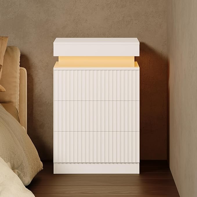 BOXACTION Nightstand Set of 2 for Bedroom, LED Nightstand with 3 Drawers and Charging Station, Mid Century Modern Fluted Nightstands, Bedside Tables & End Tables, White