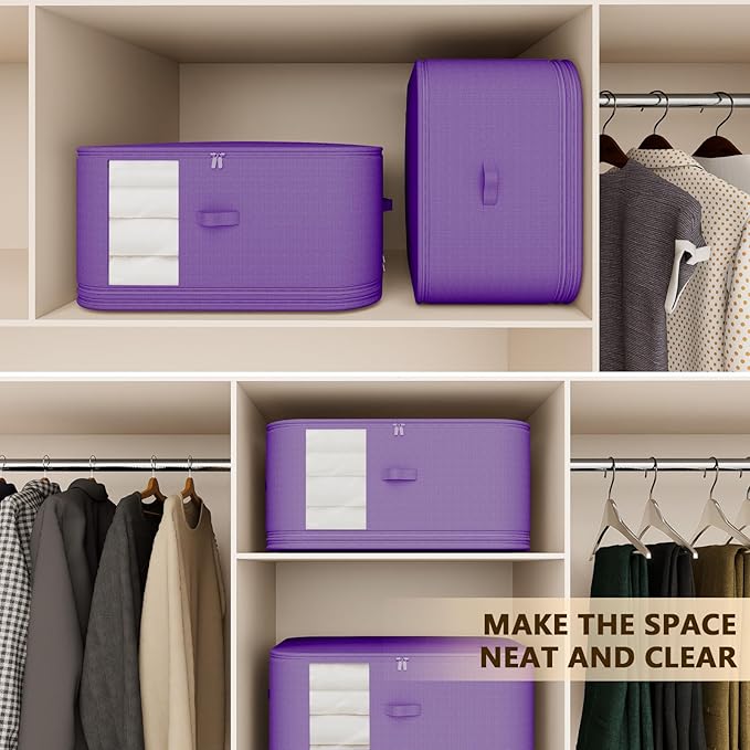 3-Layer Compressible with Zippers Blanket & Comforter Storage Bag,Ultra Space Saving Self Compression Organizer,Save 50% Space, 4 PCS,Purple