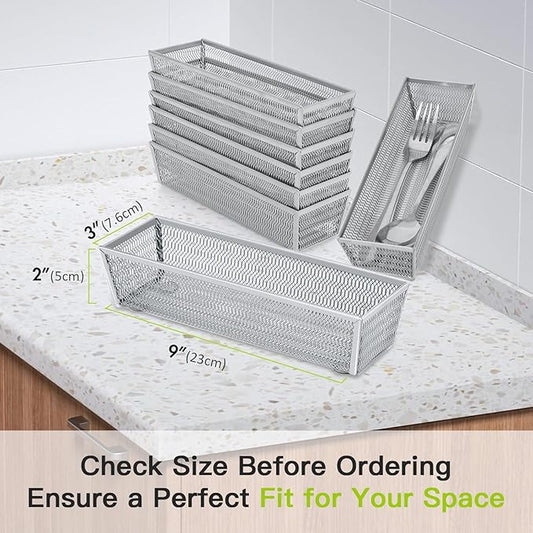 Neudeco Silverware Organizer,Mesh Drawer Organizer for Kitchen,Metal Utensil Organizer for Flatware, Knives, Spoons,Cosmetic (Silver 9 * 3 * 2 inch Pack6)
