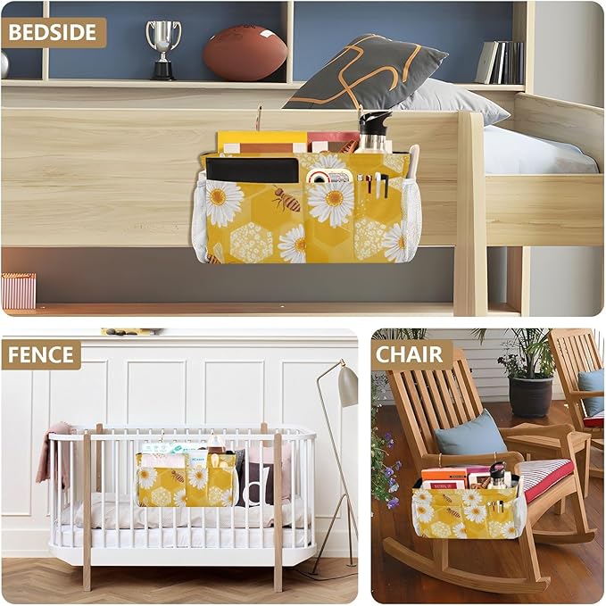 CuwrYet Bedside Caddy Hanging Bunk Bed Caddy Bed Organizer Hanging Pocket with 2 Hooks Bedside Storage Organizer Pocket Bag Holder Yellow Honeycomb Bee Daisy