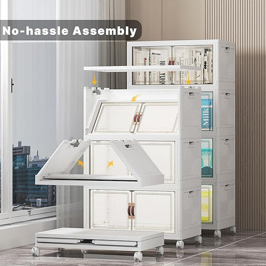 Extra Large Stackable Storage Bins, Lockable Storage Bins with Lids, Folding Storage box with Doors and Wheels, Collapsible Plastic Drawers for Home, Garage, Office (8, White, Medium)