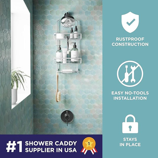 Zenna Home Rustproof Hanging Shower Caddy, Over the Shower Head Caddy with 2 Shelves and Built In Hooks, Aluminum Bathroom Hanging Organizer, Satin Chrome