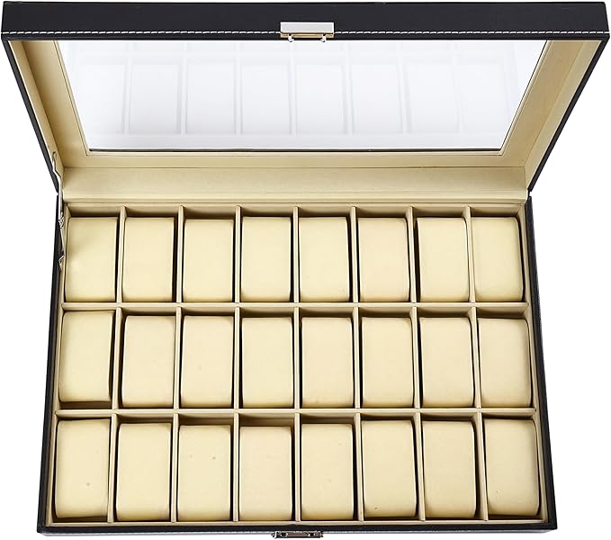 Baojulong 24-Slot Black PU Leather Watch Box, Watch Organizer with Clear Lid, Fits Various Watch Styles