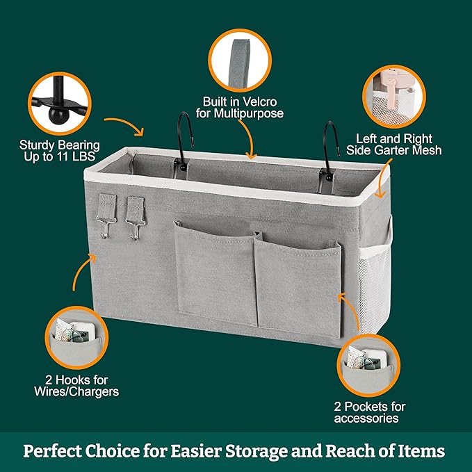 Bedside Caddy Organizer Hanging Storage Bag with Pockets for Books, Magazines, Phone, Tablet & Water Bottle – 2-Pack Bedside Storage for Dorm Rooms, Bunk Beds, Hospital Beds & Cribs , Gray