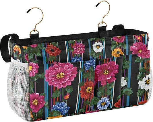 CuwrYet Bedside Caddy Hanging Bunk Bed Caddy Bed Organizer Hanging Pocket with 2 Hooks Bedside Storage Organizer Pocket Bag Holder Mexican Flowers Stripe