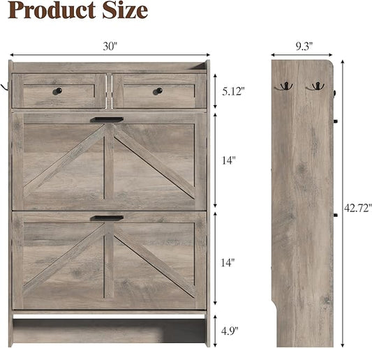 Shoe Cabinet with 2 Flip Drawers & 2 Storage Drawers, Rustic Farmhouse Narrow Shoe Organizer Cabinet, Slim Shoe Rack Cabinet, Shoe Storage Cabinet for Entryway, Hallway, Front Door