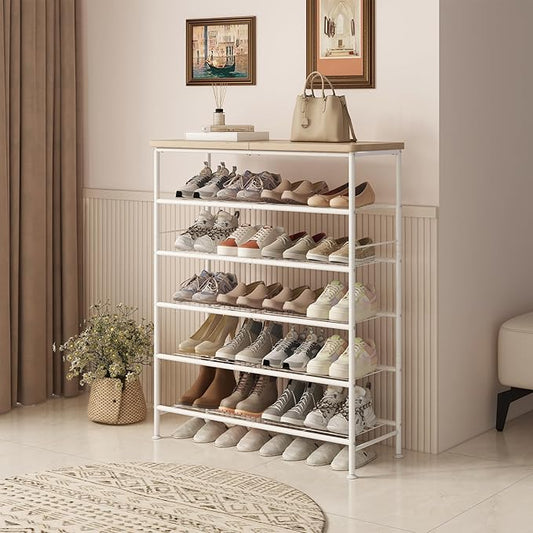 SUOERNUO Shoe Rack Organizer 6 Tier for Closet Entryway Free Standing Metal Storage Shoe Shelf with MDF Top Board,White+Oak