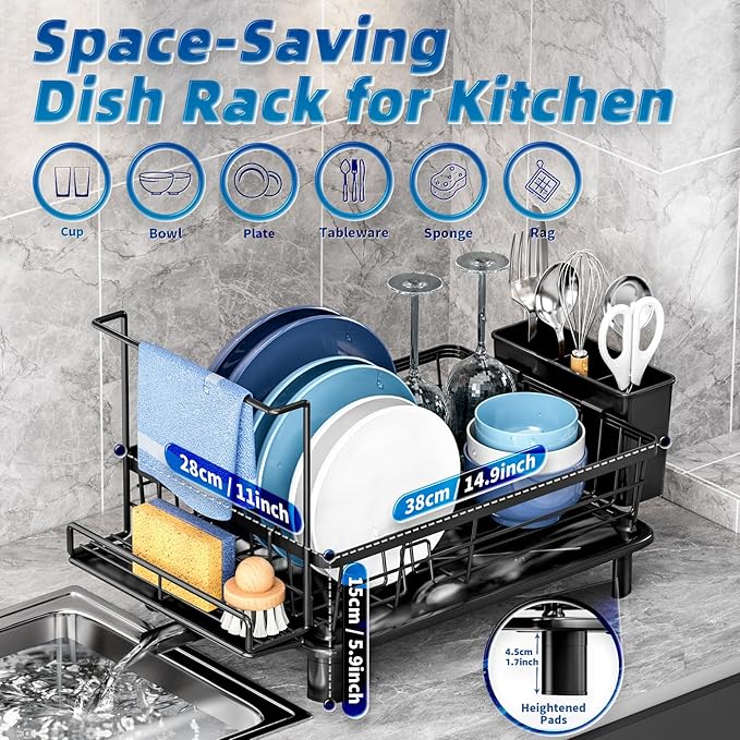 GAOKASE Dish Drying Rack, Compact Dish Racks for Kitchen Counter with Sponge Rack, Space-Saving Dish Drainer Drying Rack with Drainboard, Utensil Holder and and Automatic Drainage Drainboard, Black